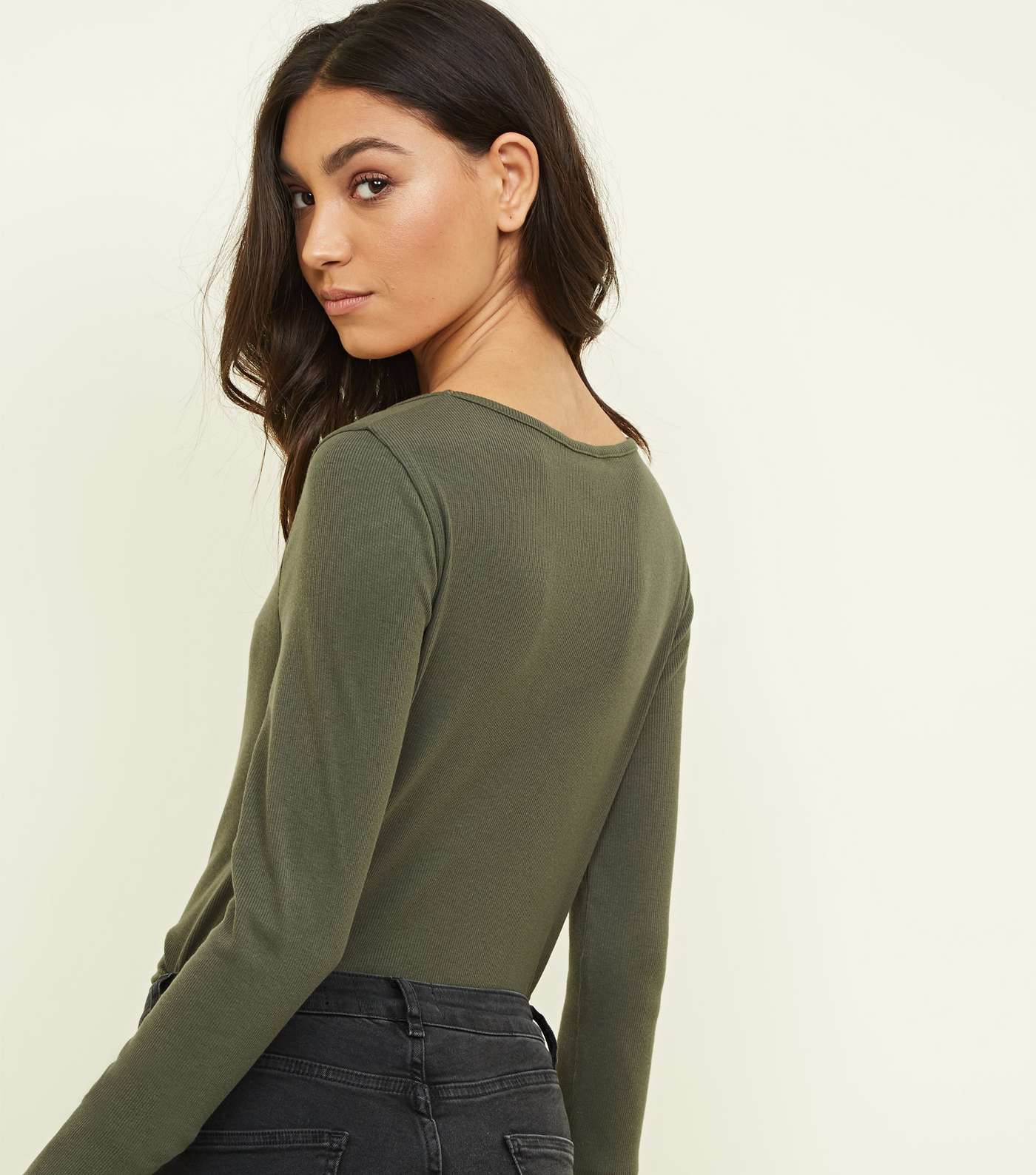 Khaki Ribbed Button Front Long Sleeve Top  Image 3