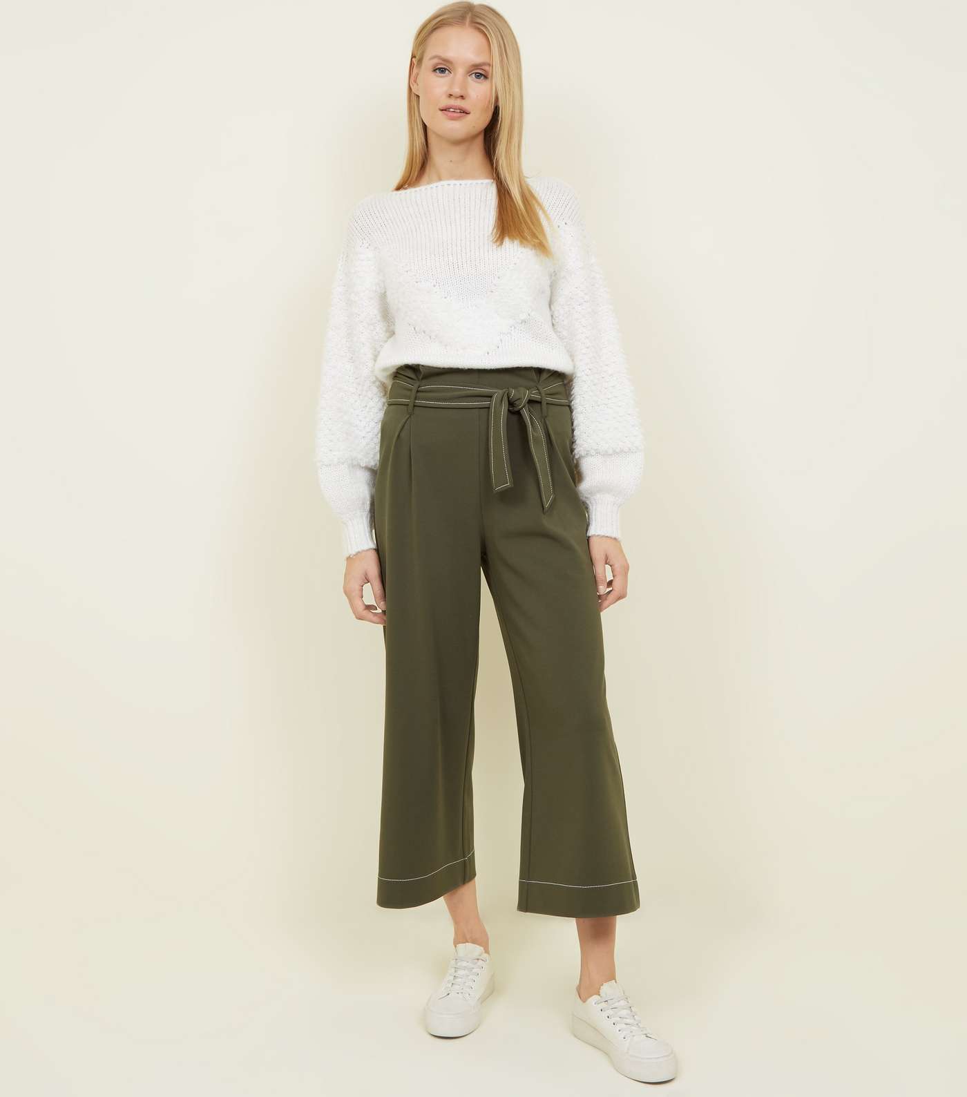 Khaki Contrast Stitch Paperbag Cropped Trousers