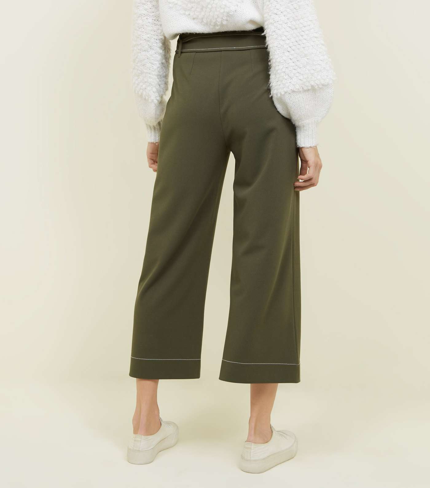 Khaki Contrast Stitch Paperbag Cropped Trousers Image 3
