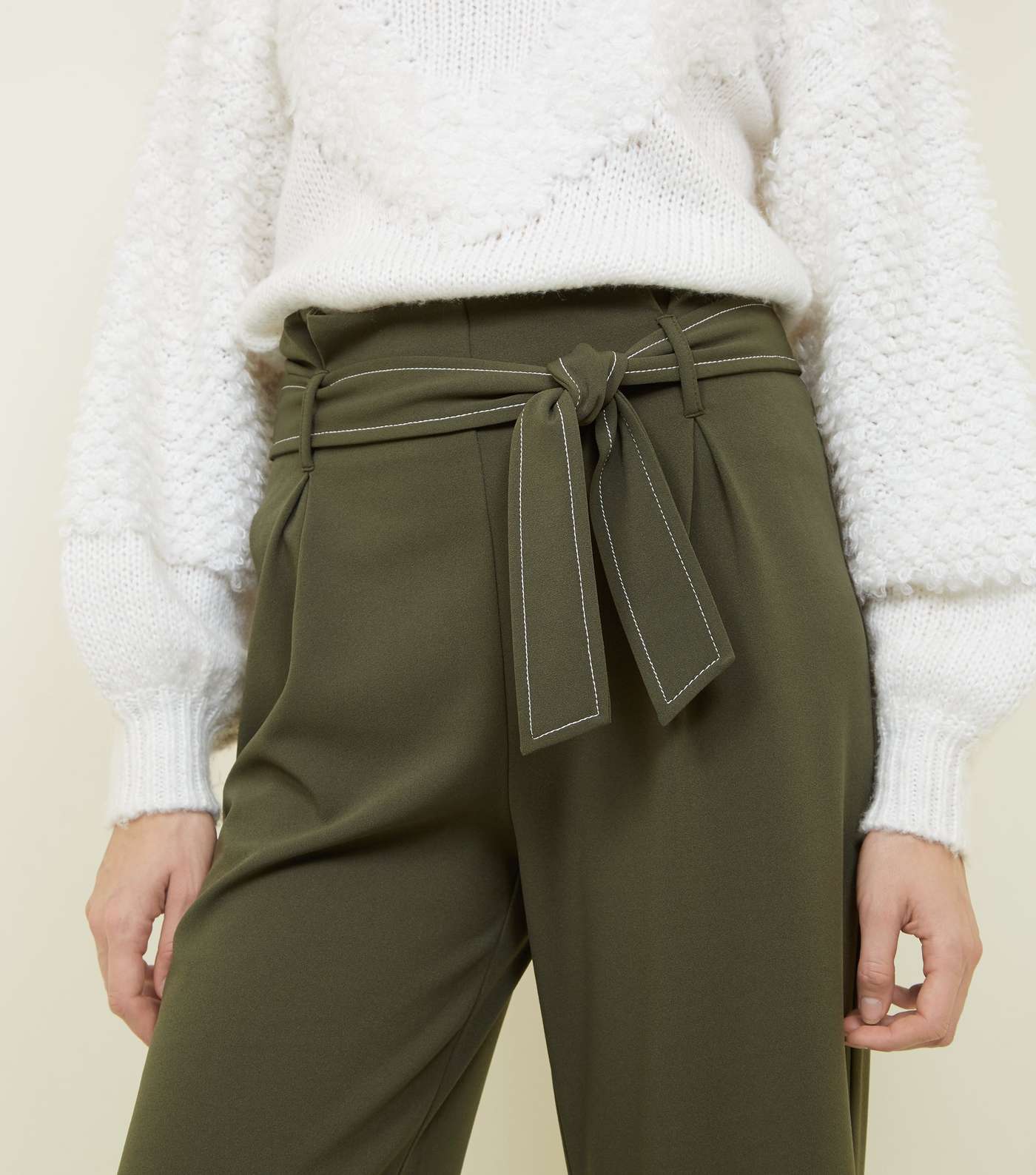 Khaki Contrast Stitch Paperbag Cropped Trousers Image 5