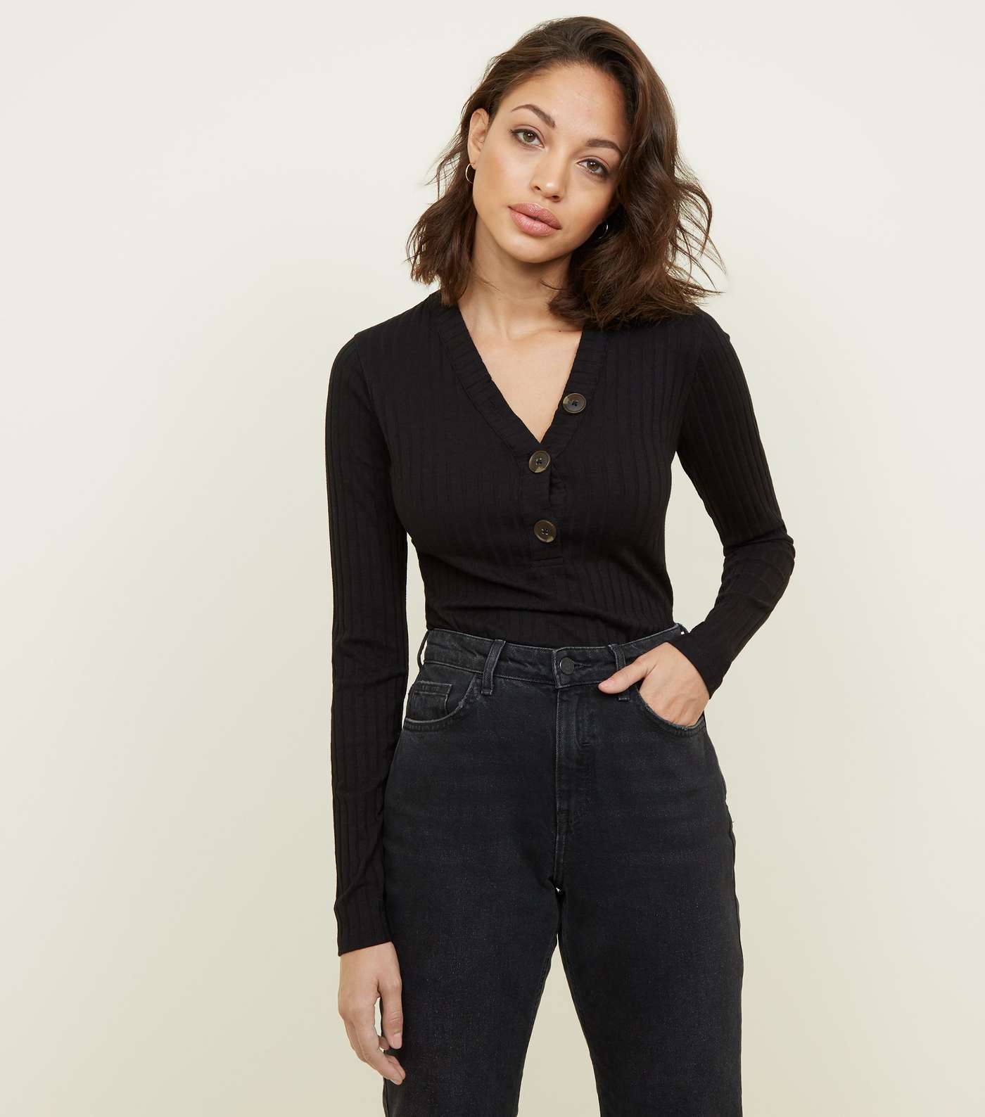 Black Wide Ribbed Button Front Top