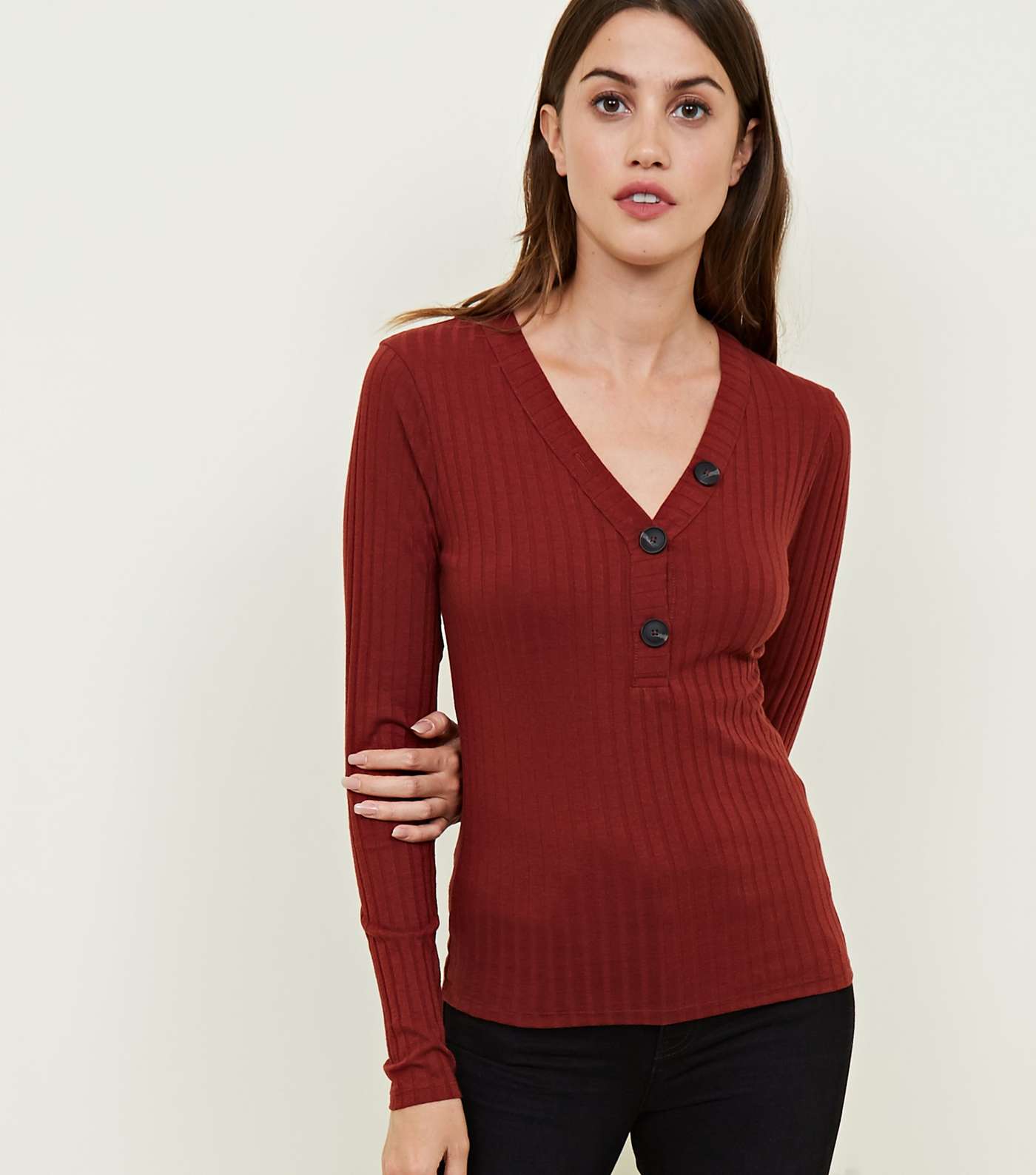 Rust Wide Ribbed Button Front Top