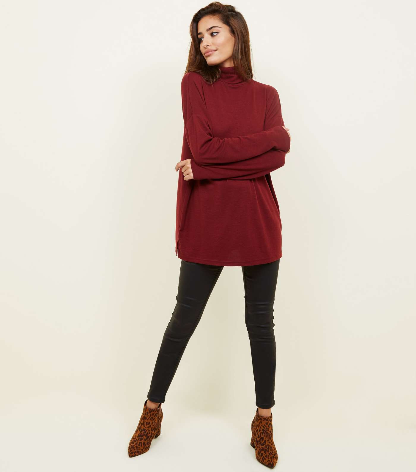 Burgundy Batwing Sleeve Roll Neck Top Image 2
