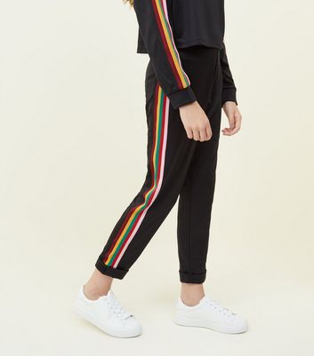 black joggers with rainbow stripe