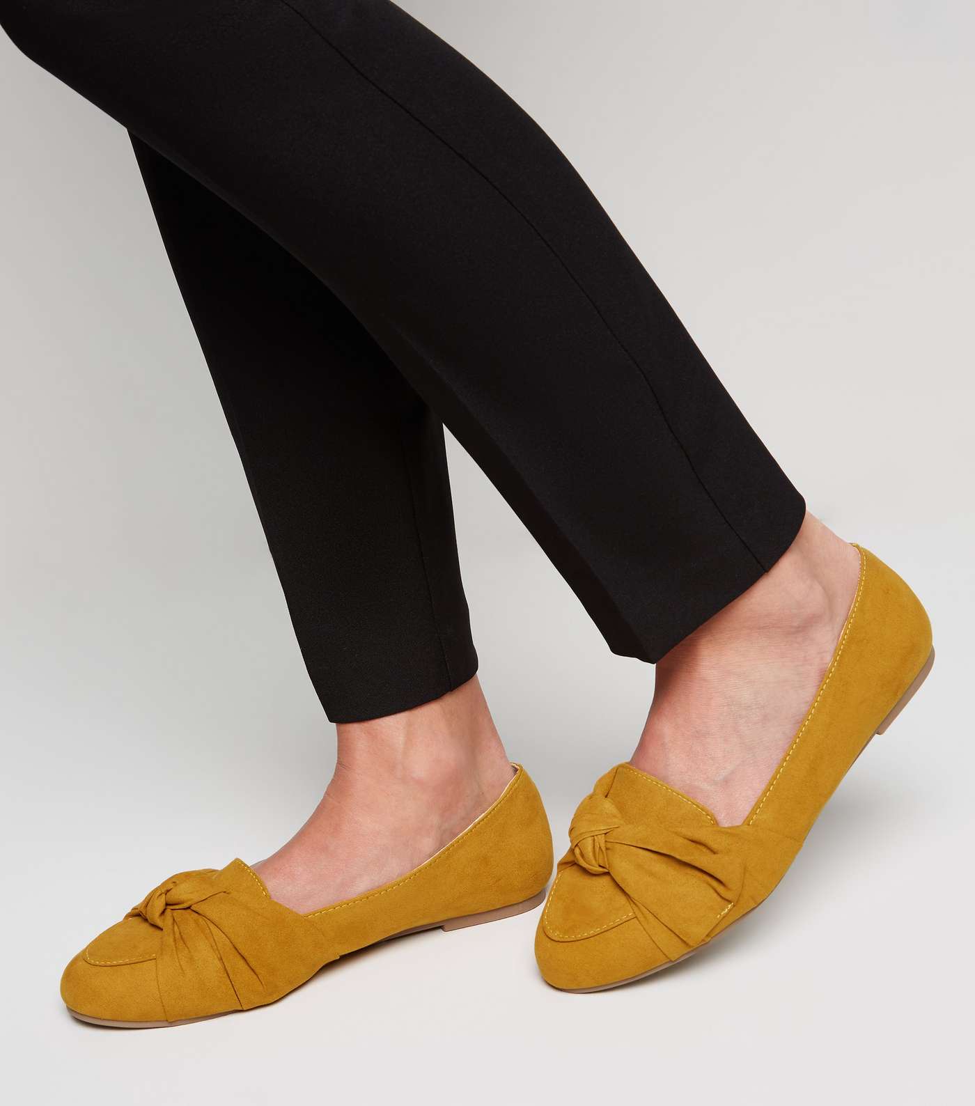 Wide Fit Mustard Suedette Bow Loafers Image 2