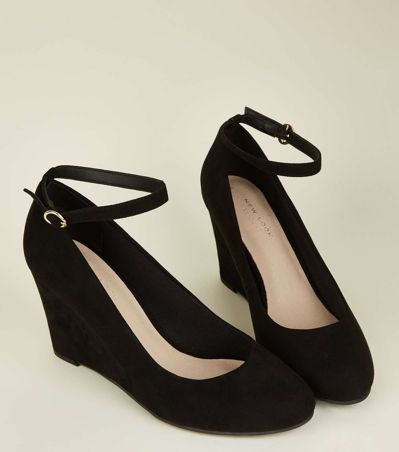 Black Comfort Suedette Ankle Strap Wedges Image 3