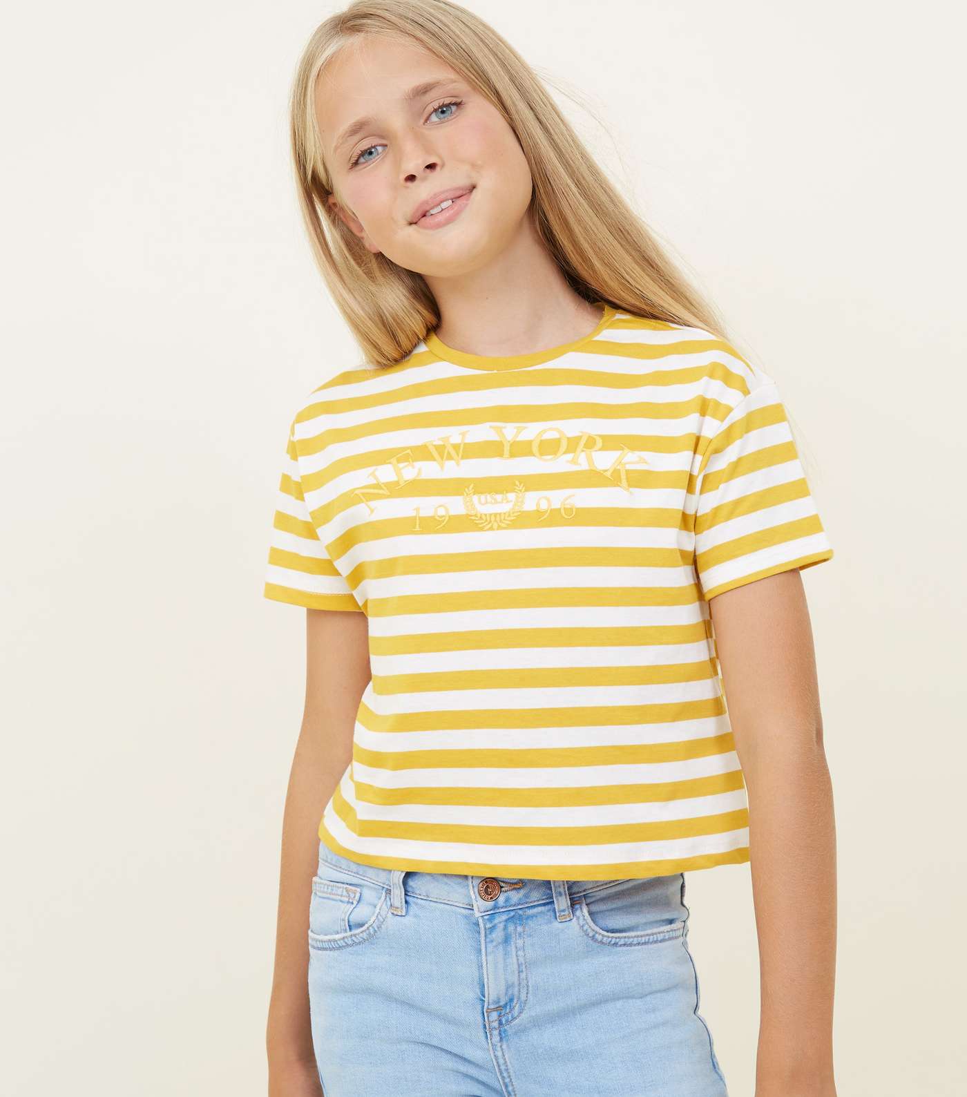 Girls Yellow Stripe New York Slogan T-Shirt 