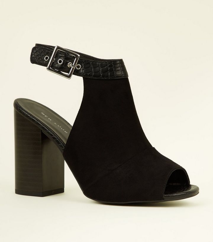 black suedette faux croc strap heels new look