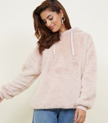 Pale Pink Faux Fur Hoodie | New Look