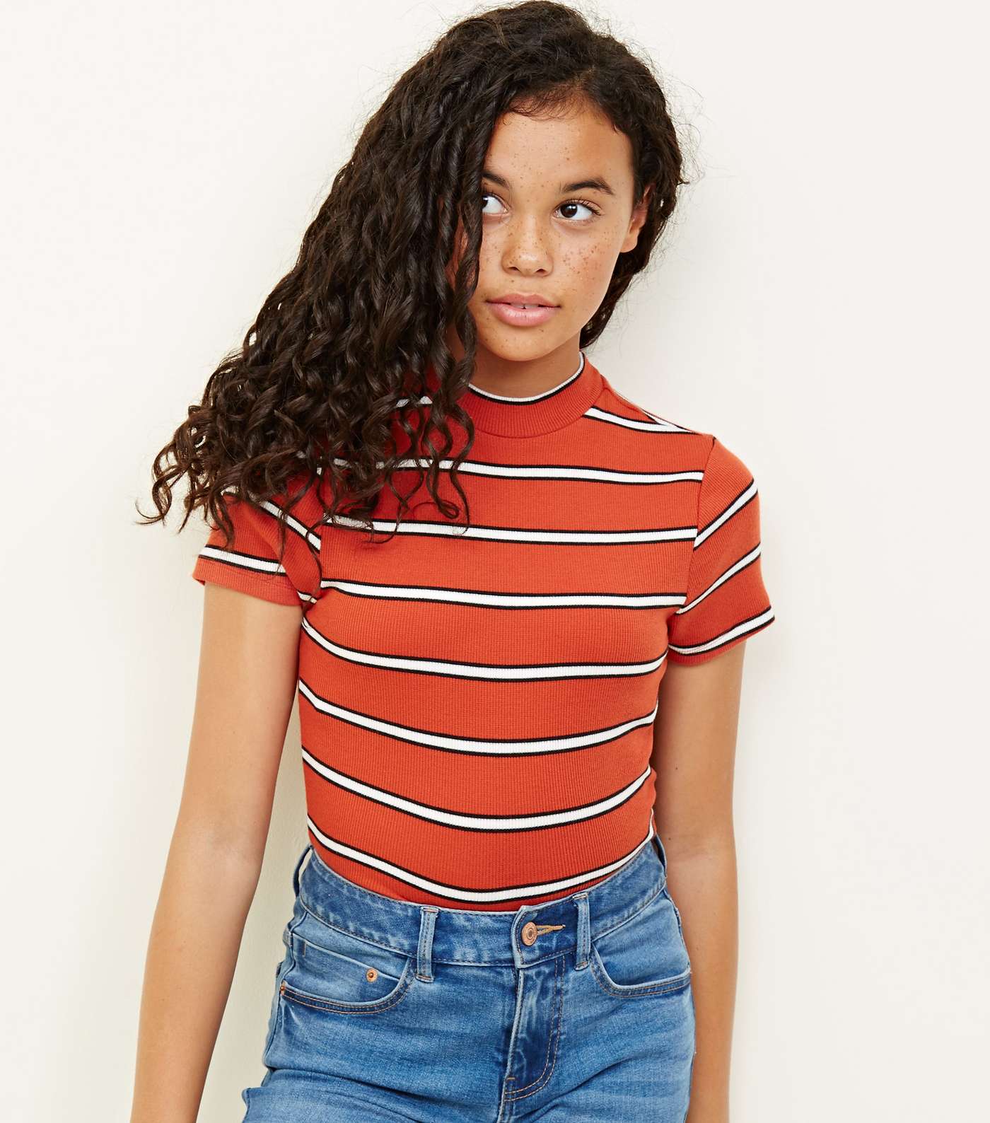 Girls Orange Stripe High Neck Fitted T-Shirt