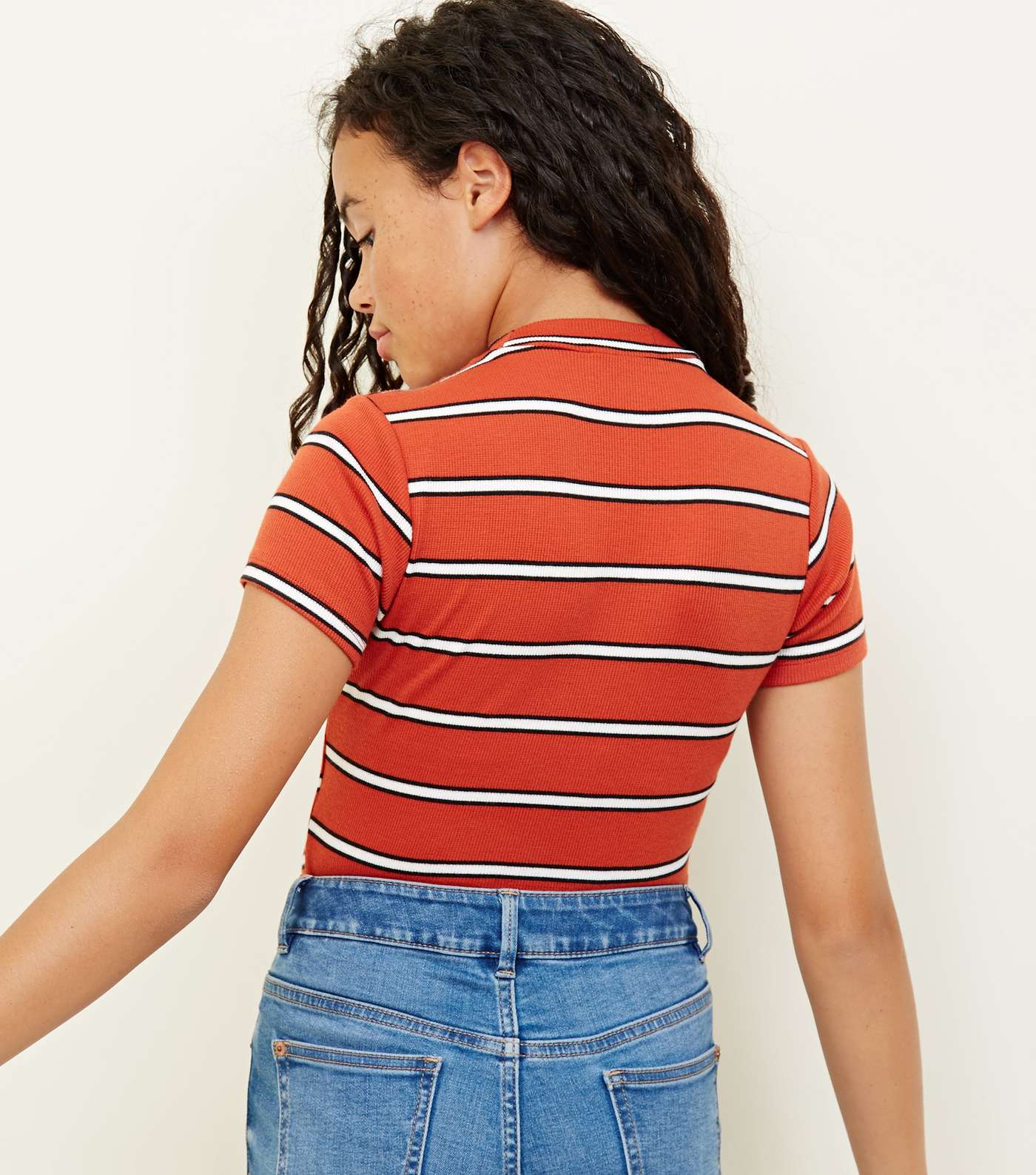 Girls Orange Stripe High Neck Fitted T-Shirt Image 3