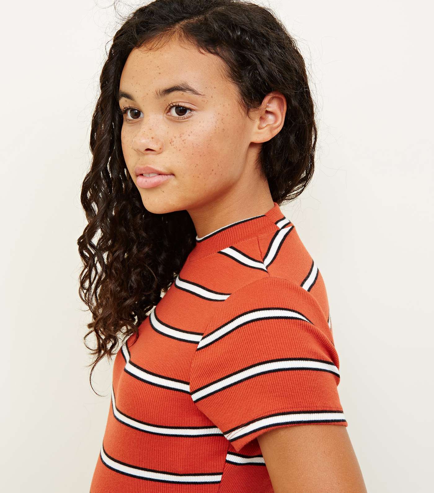 Girls Orange Stripe High Neck Fitted T-Shirt Image 5