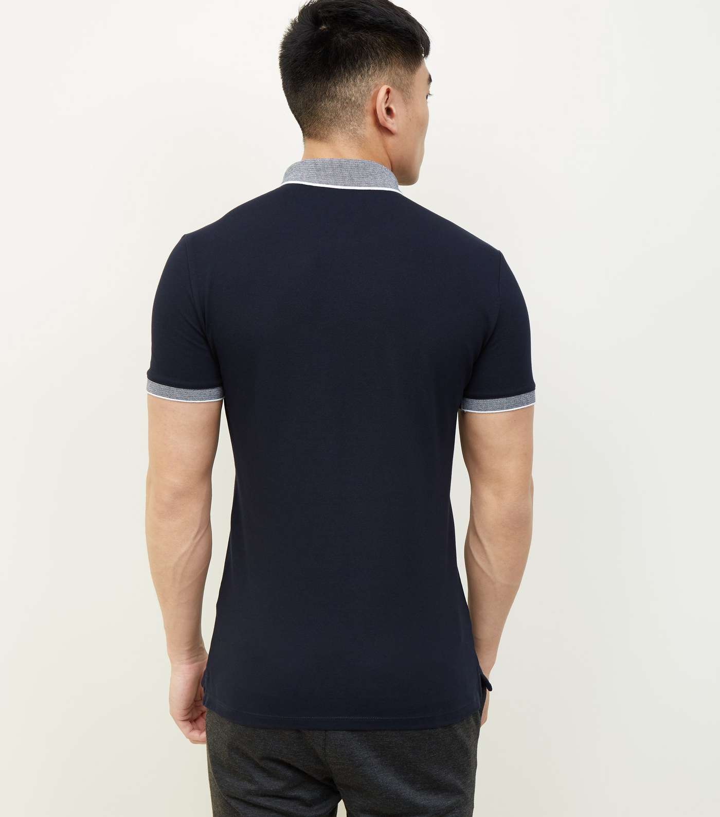 Navy Stripe Collar Muscle Fit Polo Shirt Image 3