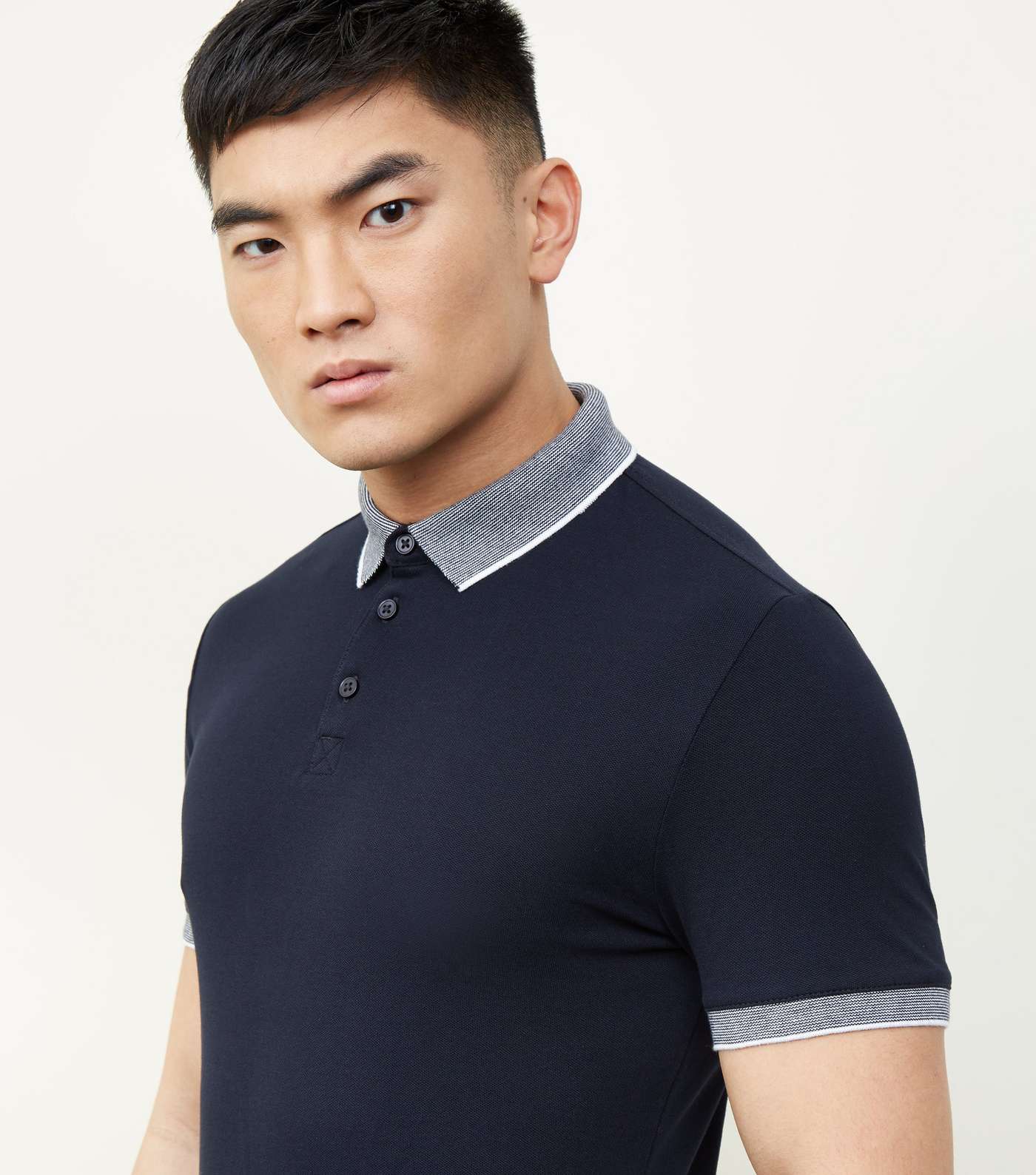 Navy Stripe Collar Muscle Fit Polo Shirt Image 5