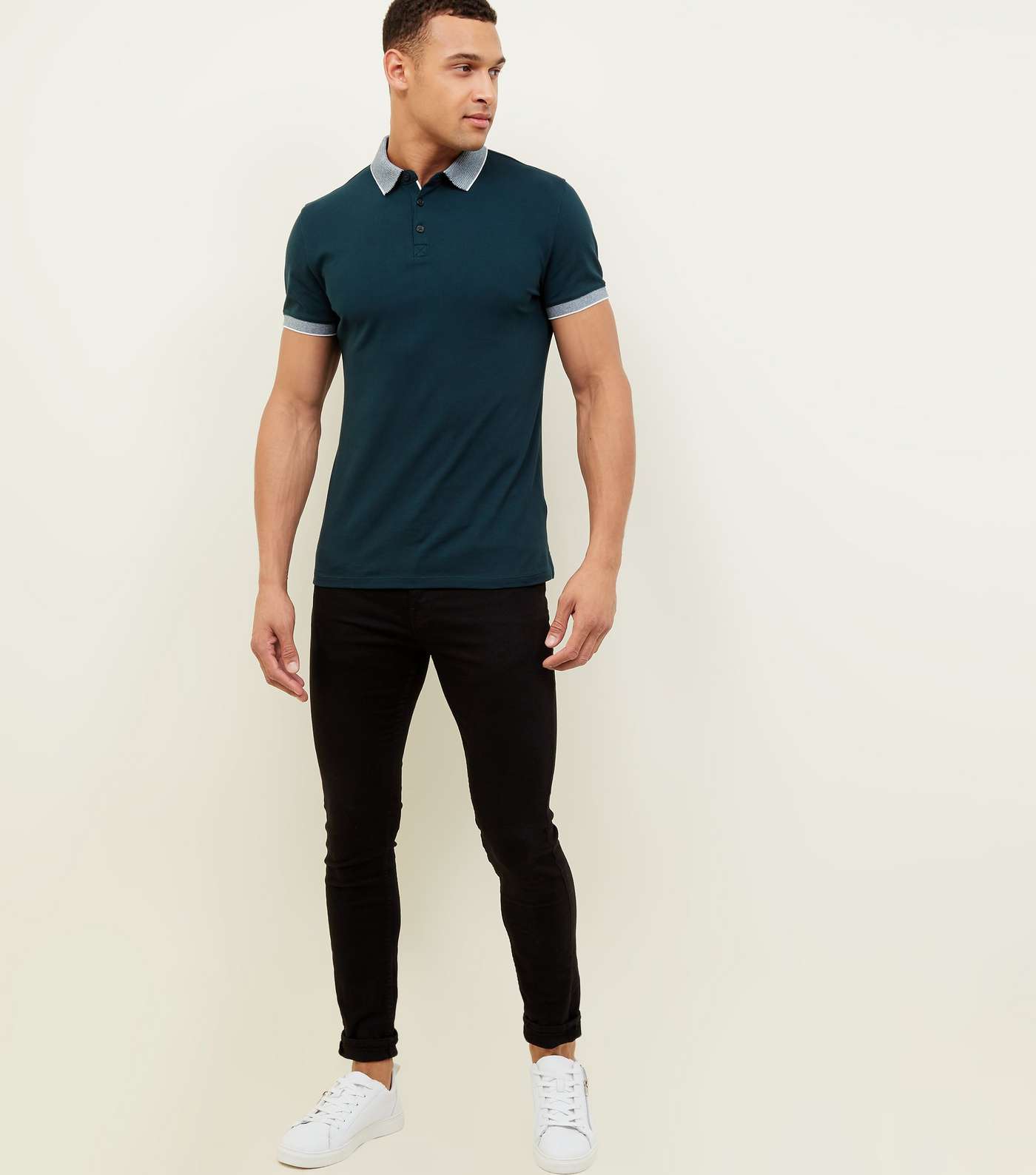 Teal Stripe Collar Muscle Fit Polo Shirt Image 2