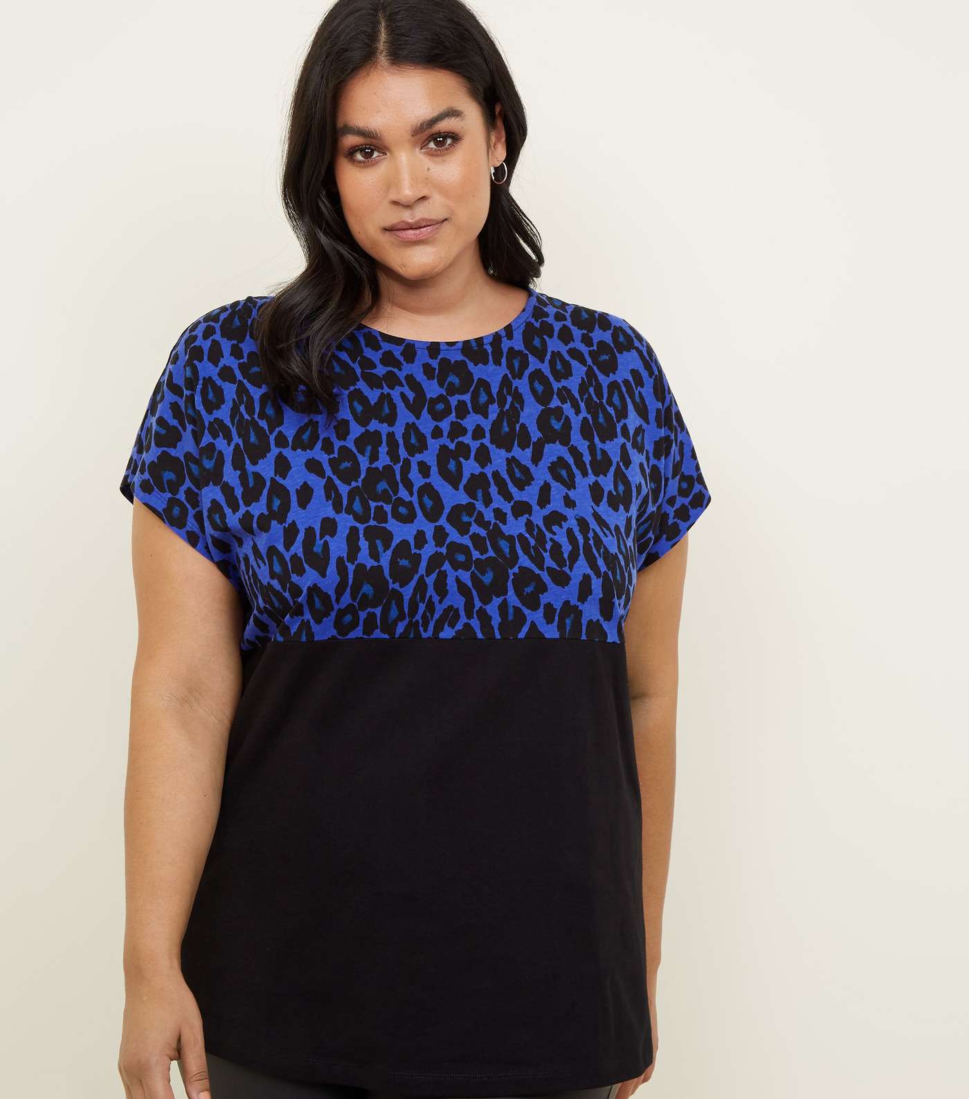 Curves Blue Leopard Print Colour Block T-Shirt