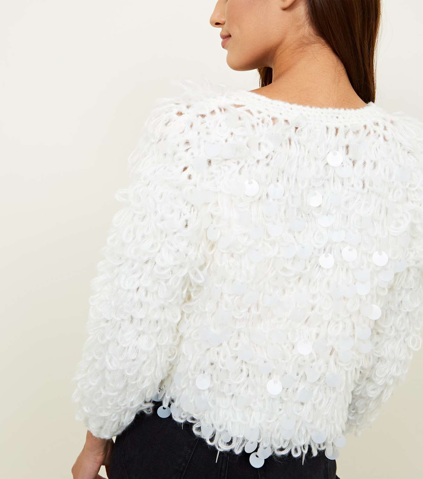 White Loop Knit Sequin Cardigan Image 3