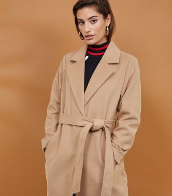 new look petite belted coat in camel