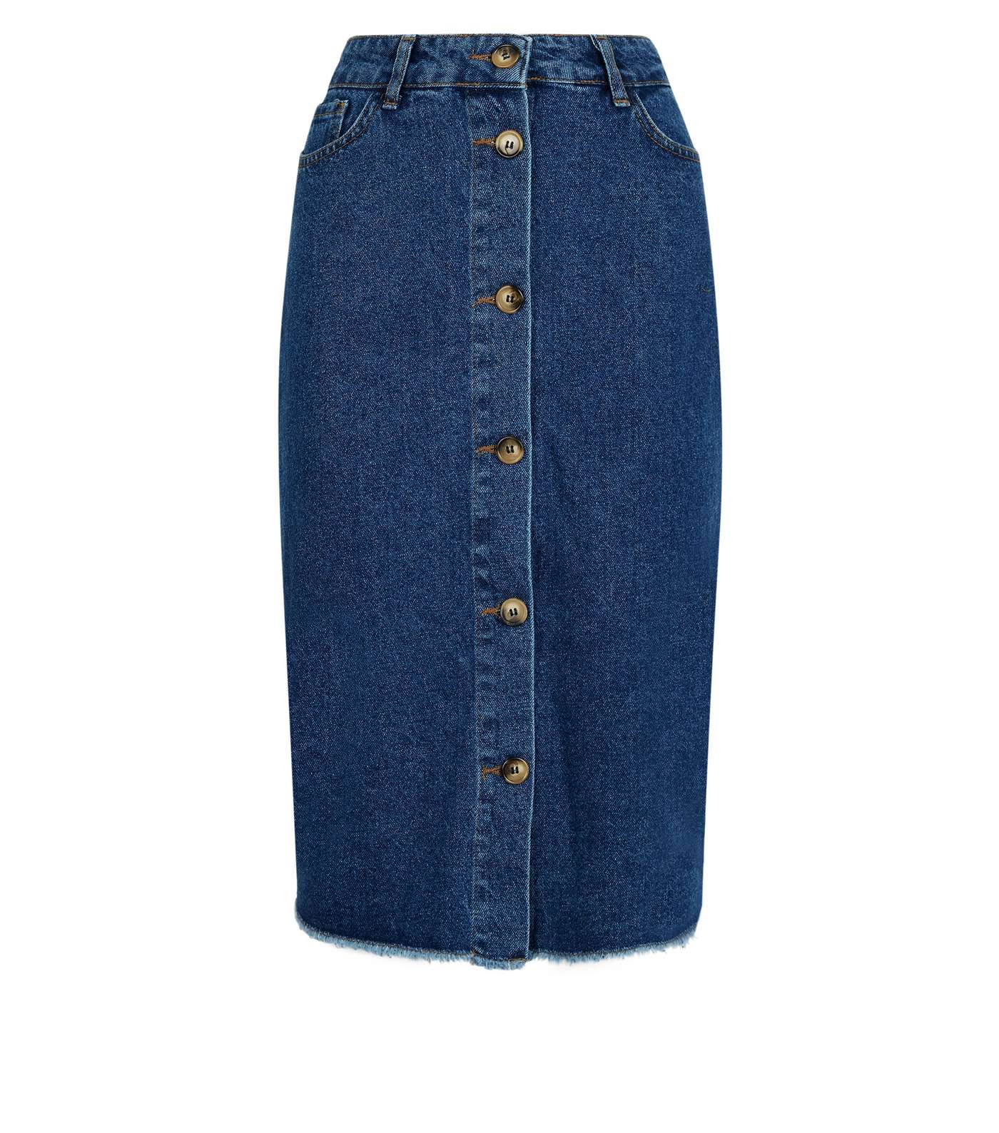 Blue Button Through Fray Hem Denim Midi Skirt Image 4