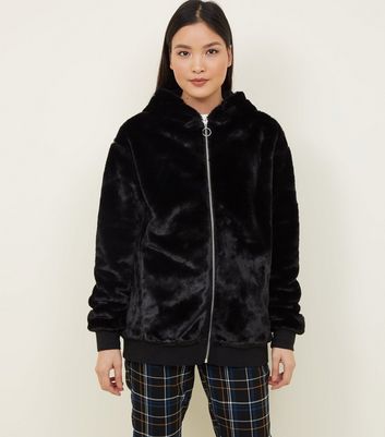 faux fur zip up hoodie black