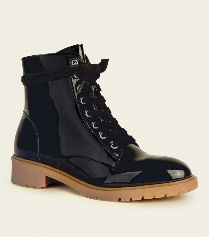 Black Patent Lace-Up Chunky Boots 