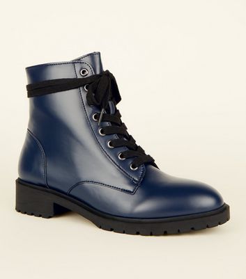 Navy Chunky Lace-Up Boots | New Look