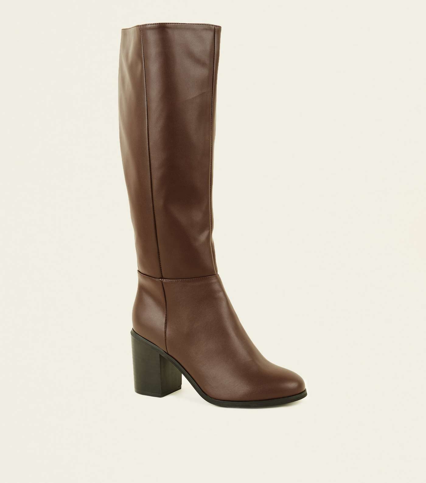 Wide Fit Brown Leather-Look Heeled Knee High Boots