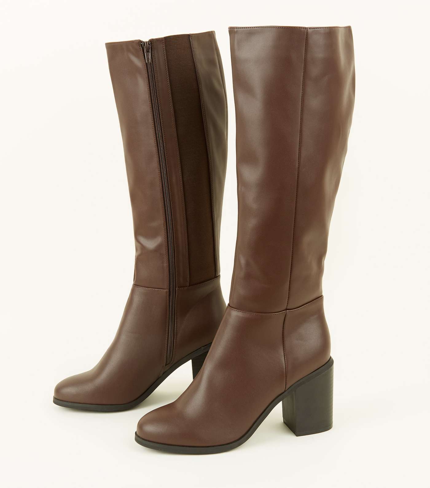 Wide Fit Brown Leather-Look Heeled Knee High Boots Image 3