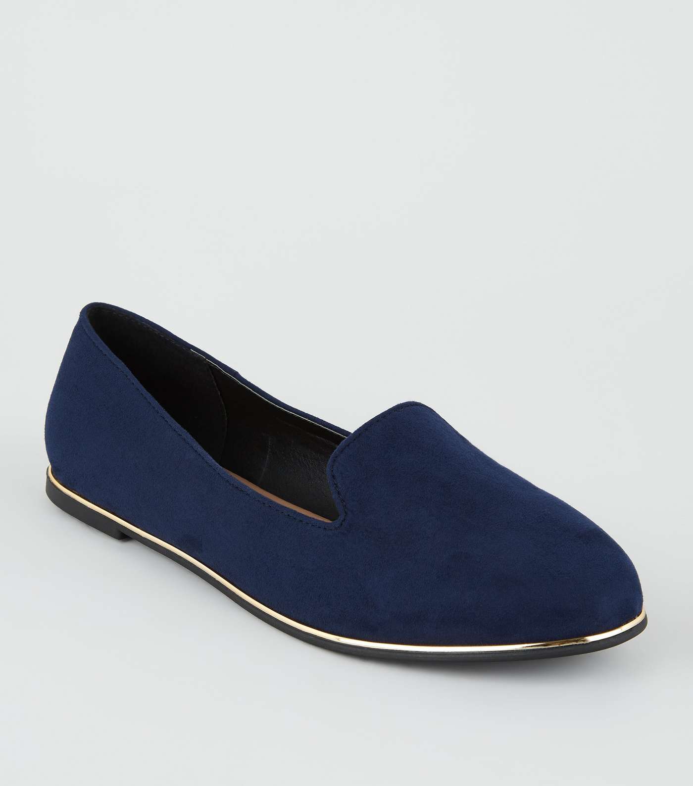 Wide Fit Navy Suedette Metal Trim Loafers 