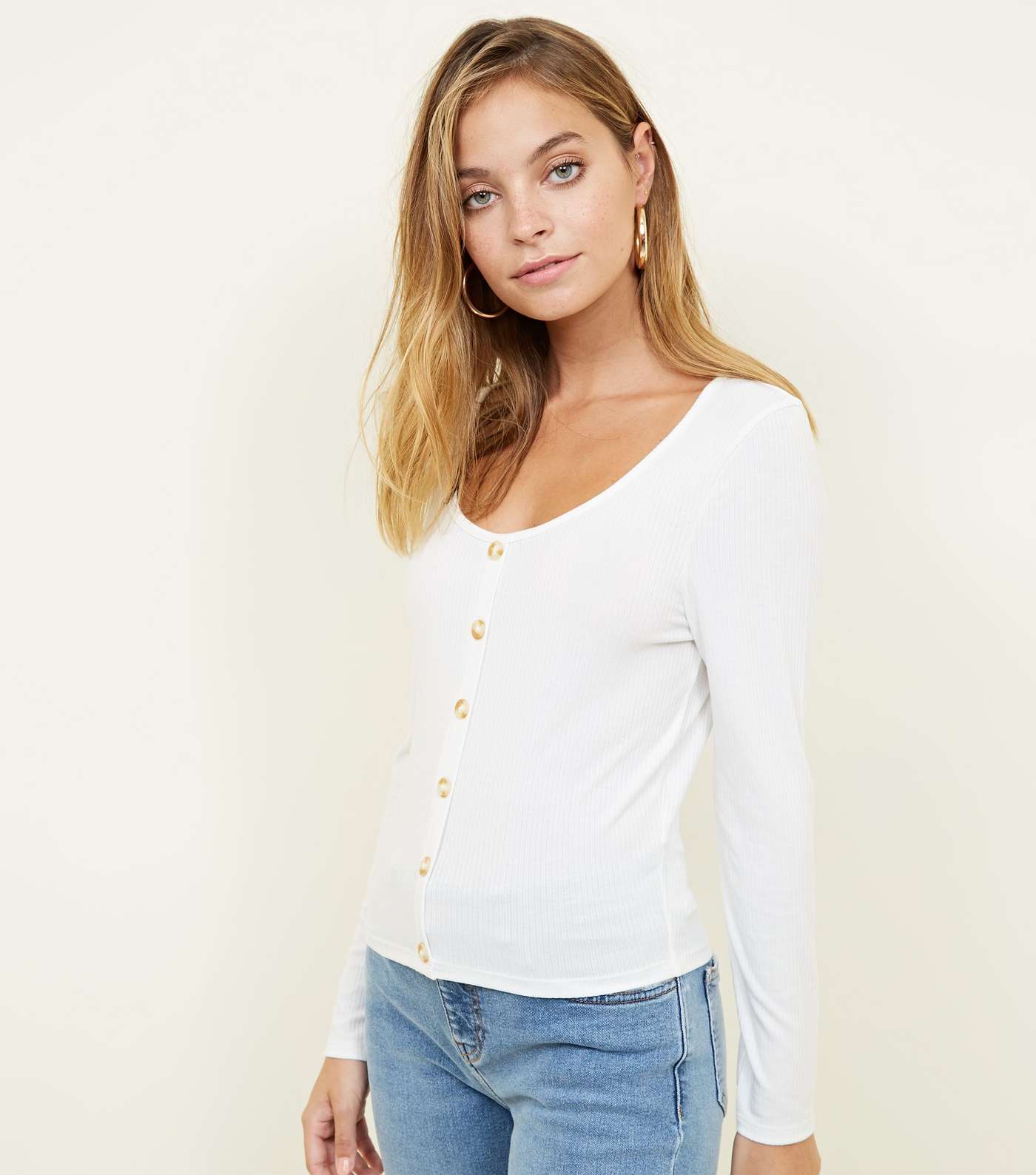 Petite Cream Button Front Ribbed Top