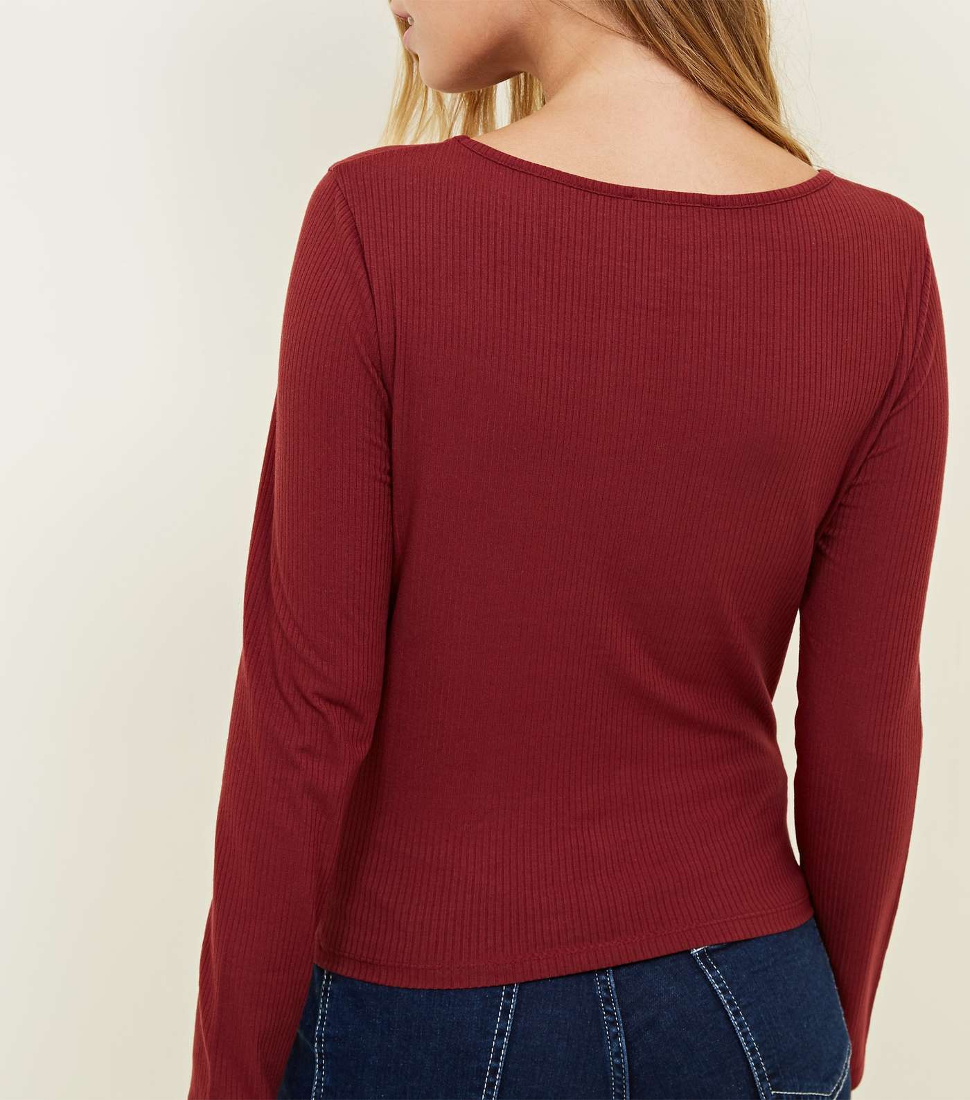 Petite Burgundy Button Front Ribbed Top Image 3