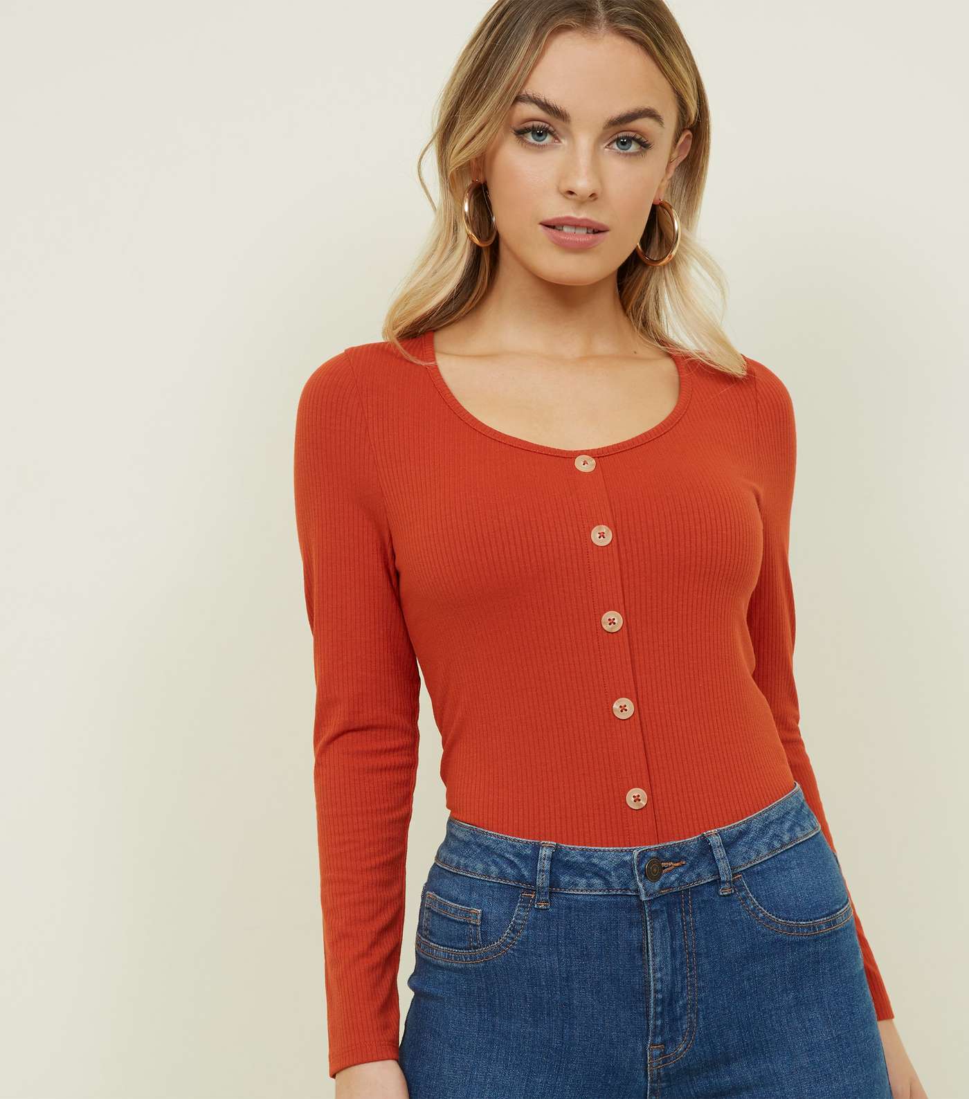 Petite Orange Button Front Ribbed Top