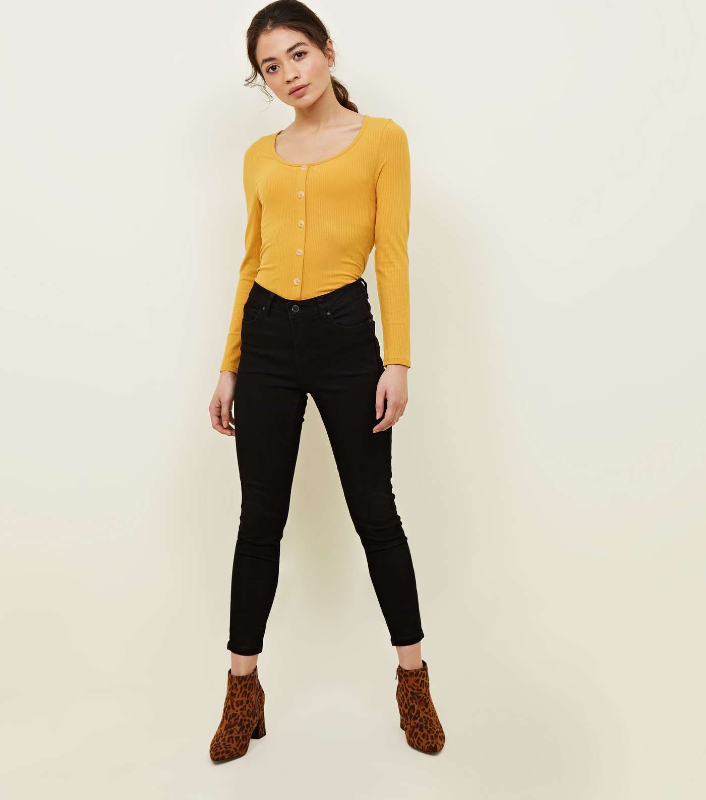 Petite Mustard Button Front Ribbed Top Image 2