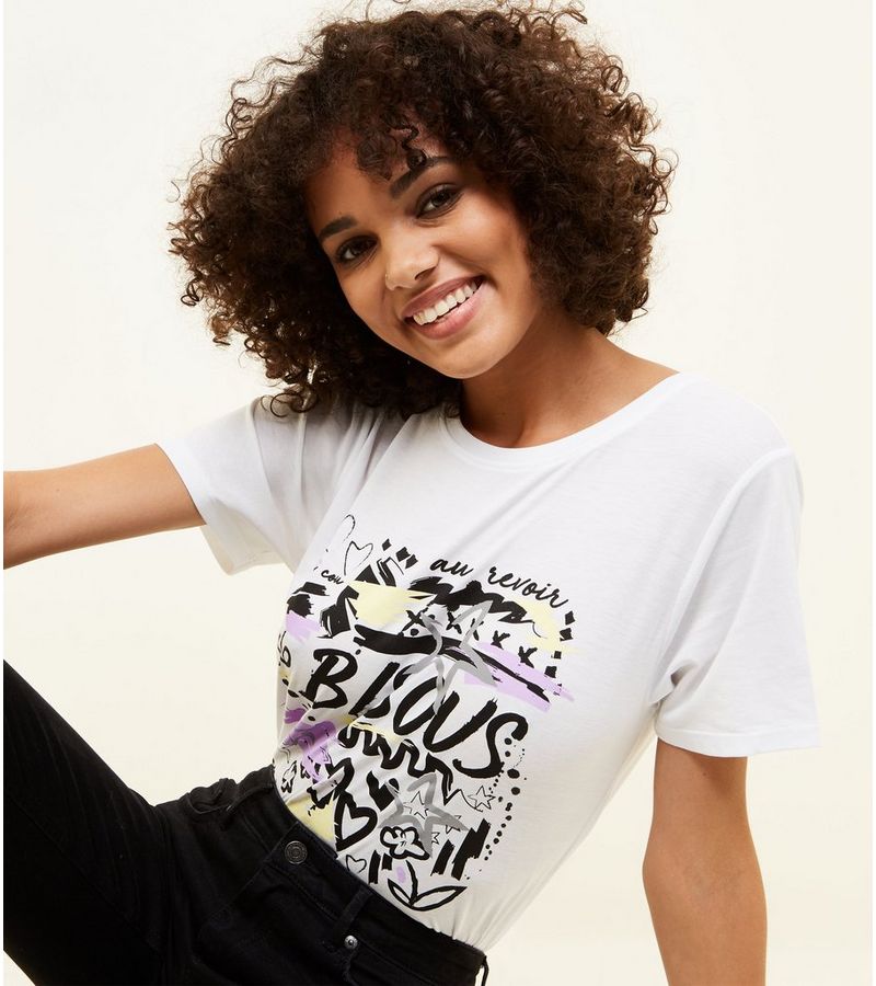 New Look White Bisous Graffiti Slogan T-Shirt at £7.99 | love the brands
