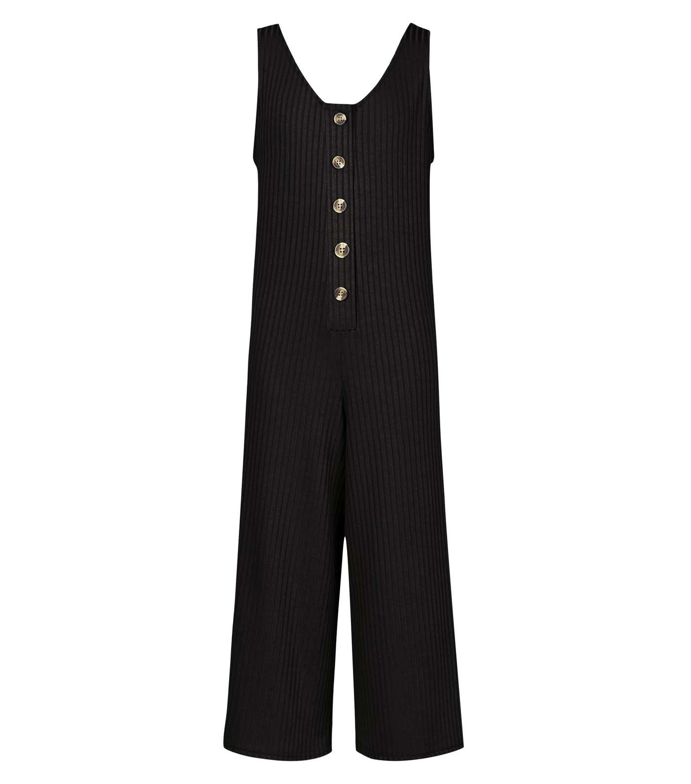 Girls Black Button Front Ribbed Jumpsuit Image 4