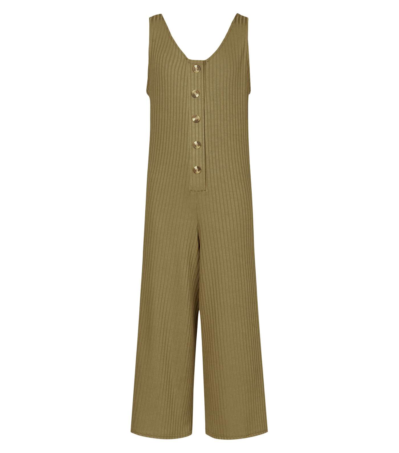 Girls Khaki Button Front Ribbed Jumpsuit Image 4