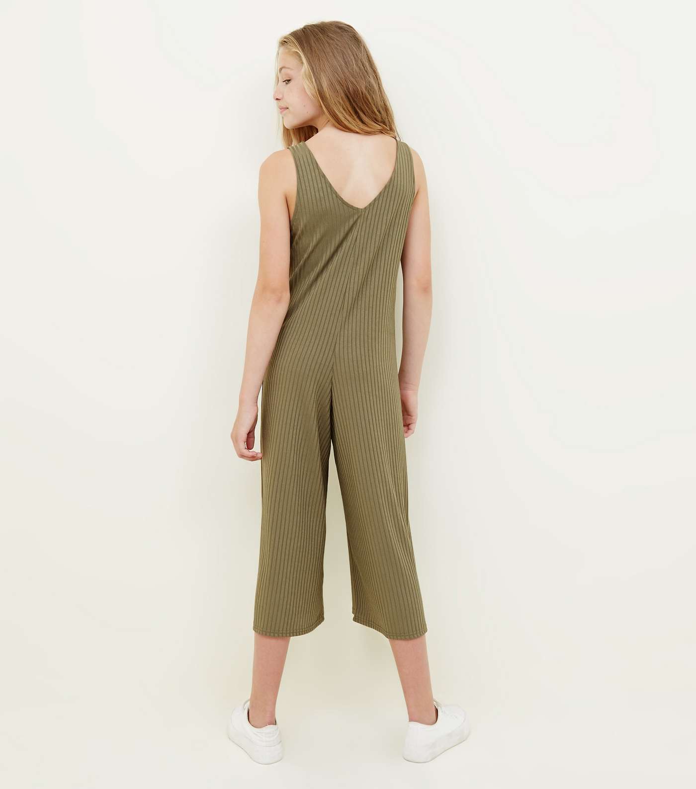 Girls Khaki Button Front Ribbed Jumpsuit Image 2