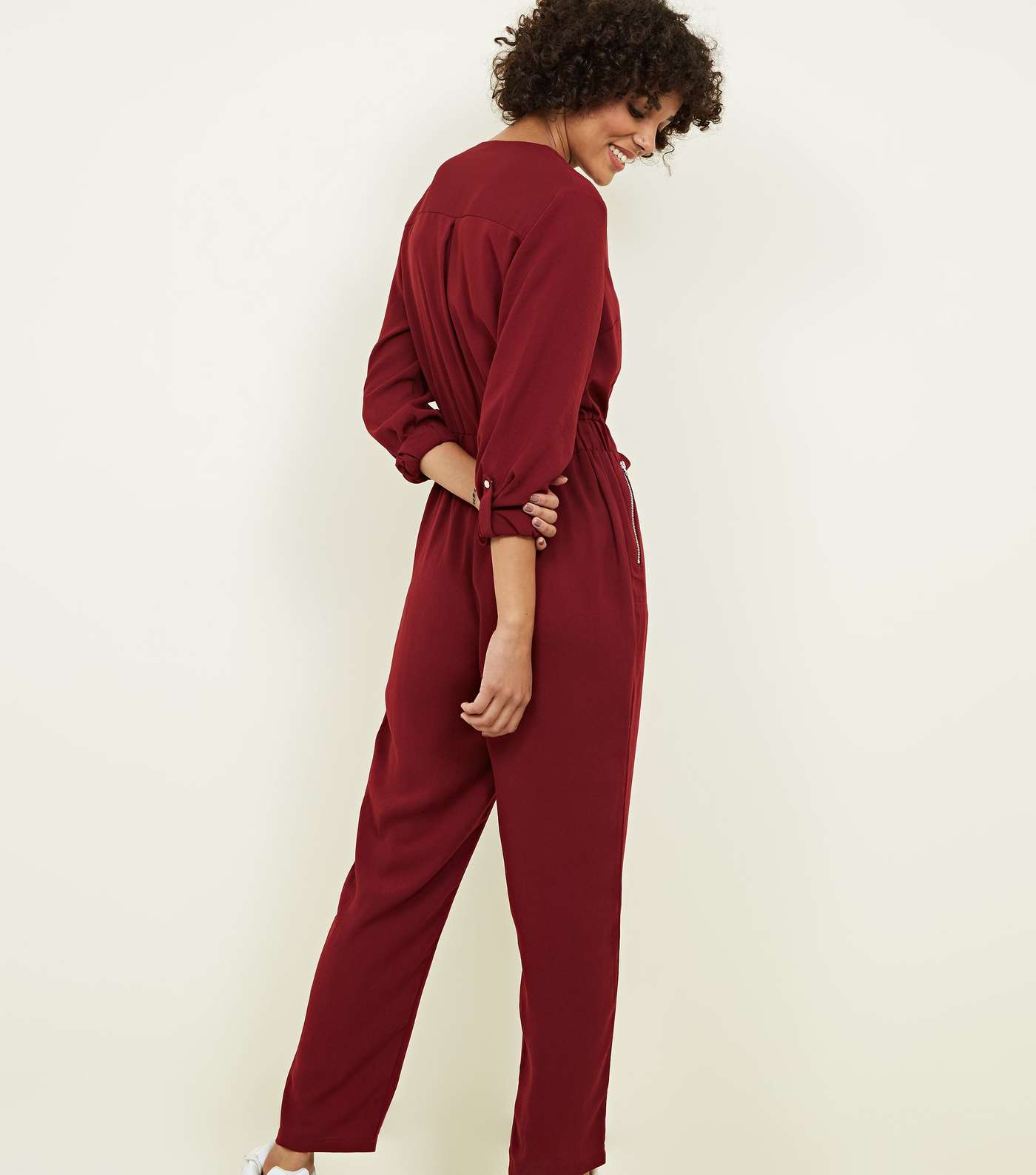 Burgundy Zip Front Tapered Leg Jumpsuit Image 3