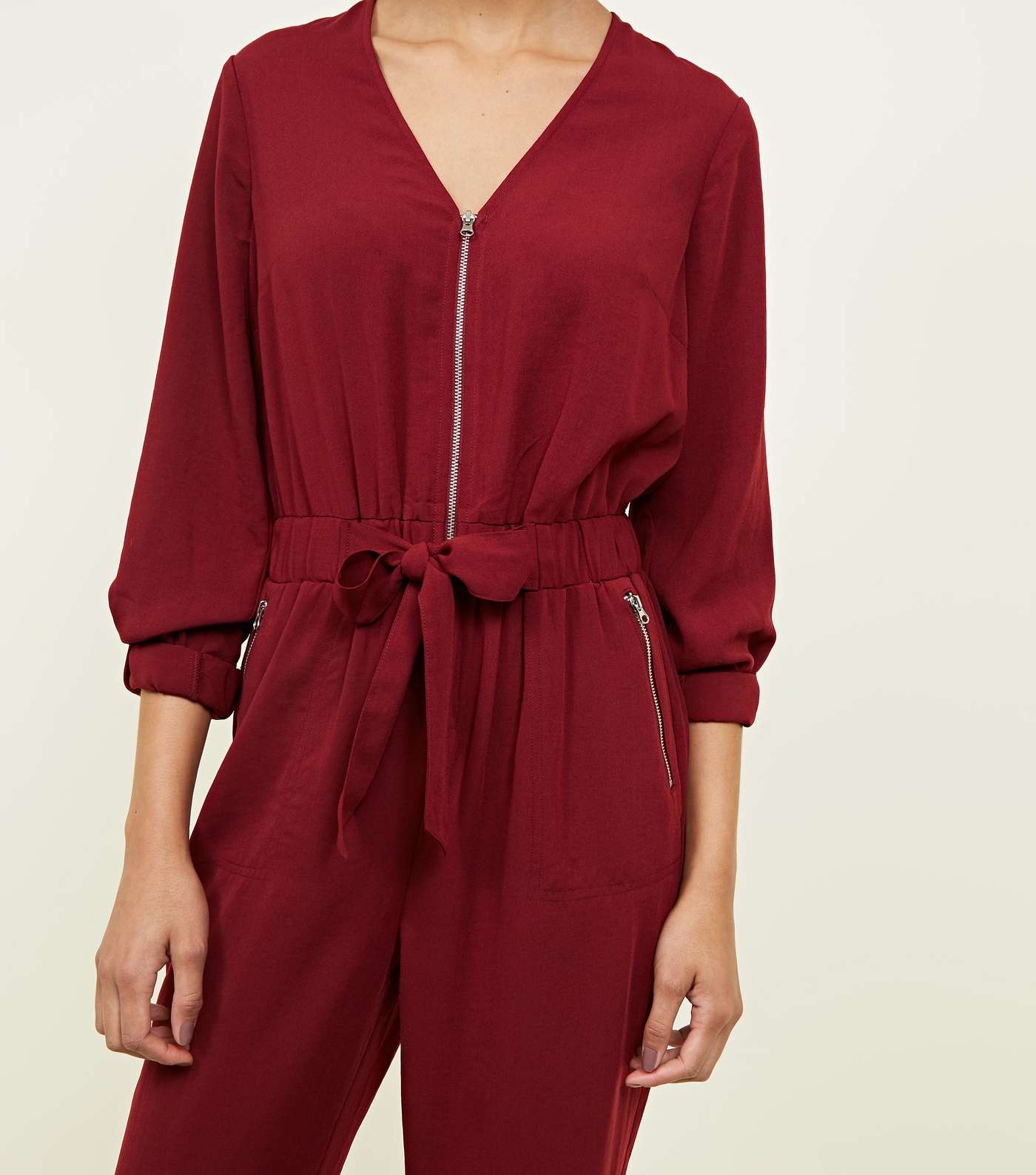 Burgundy Zip Front Tapered Leg Jumpsuit Image 5