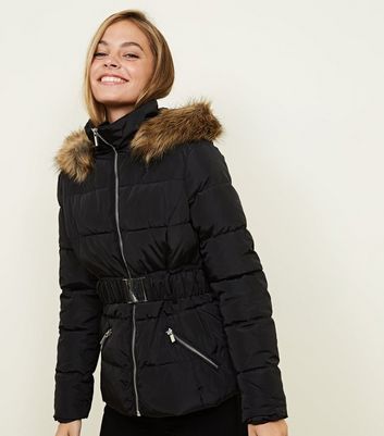 black faux fur hooded belted puffer coat