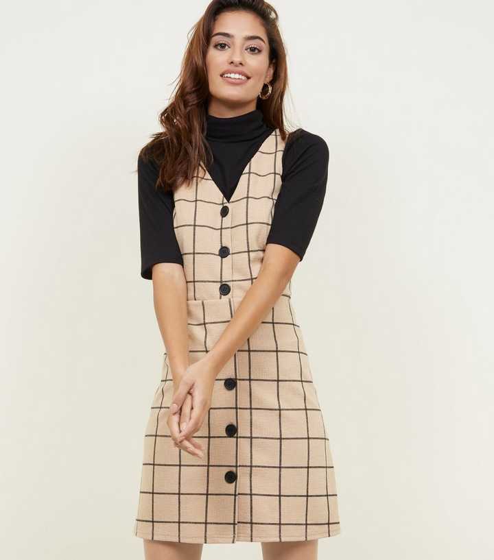 Camel Grid Check Button Through Pinafore Dress