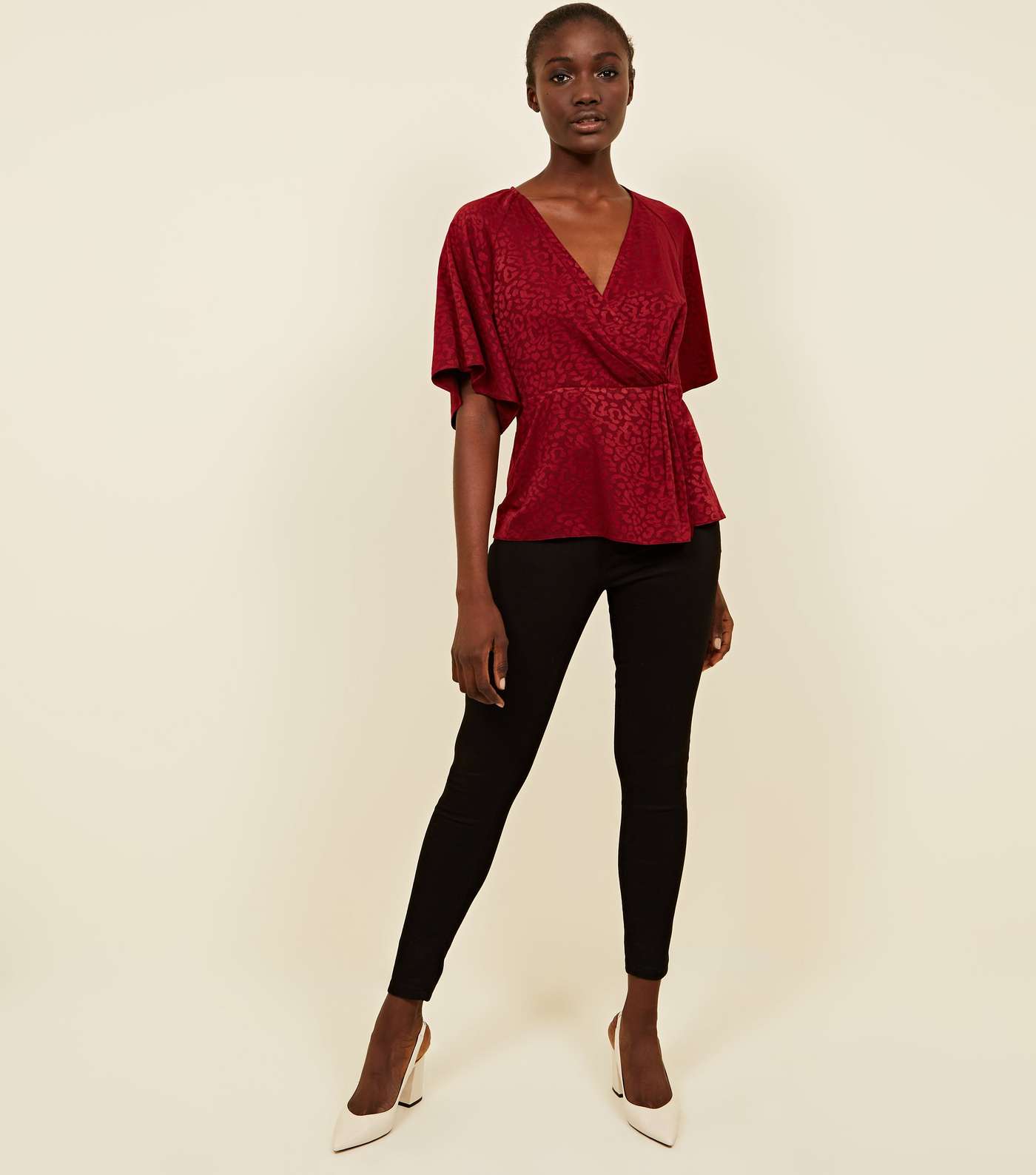 Red Leopard Jacquard Wrap Front Top Image 2