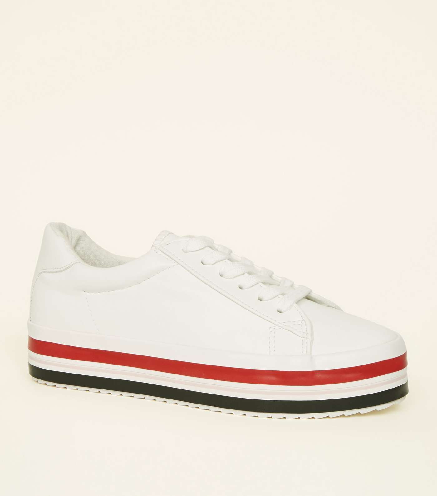White Leather-Look Stripe Sole Flatform Trainers