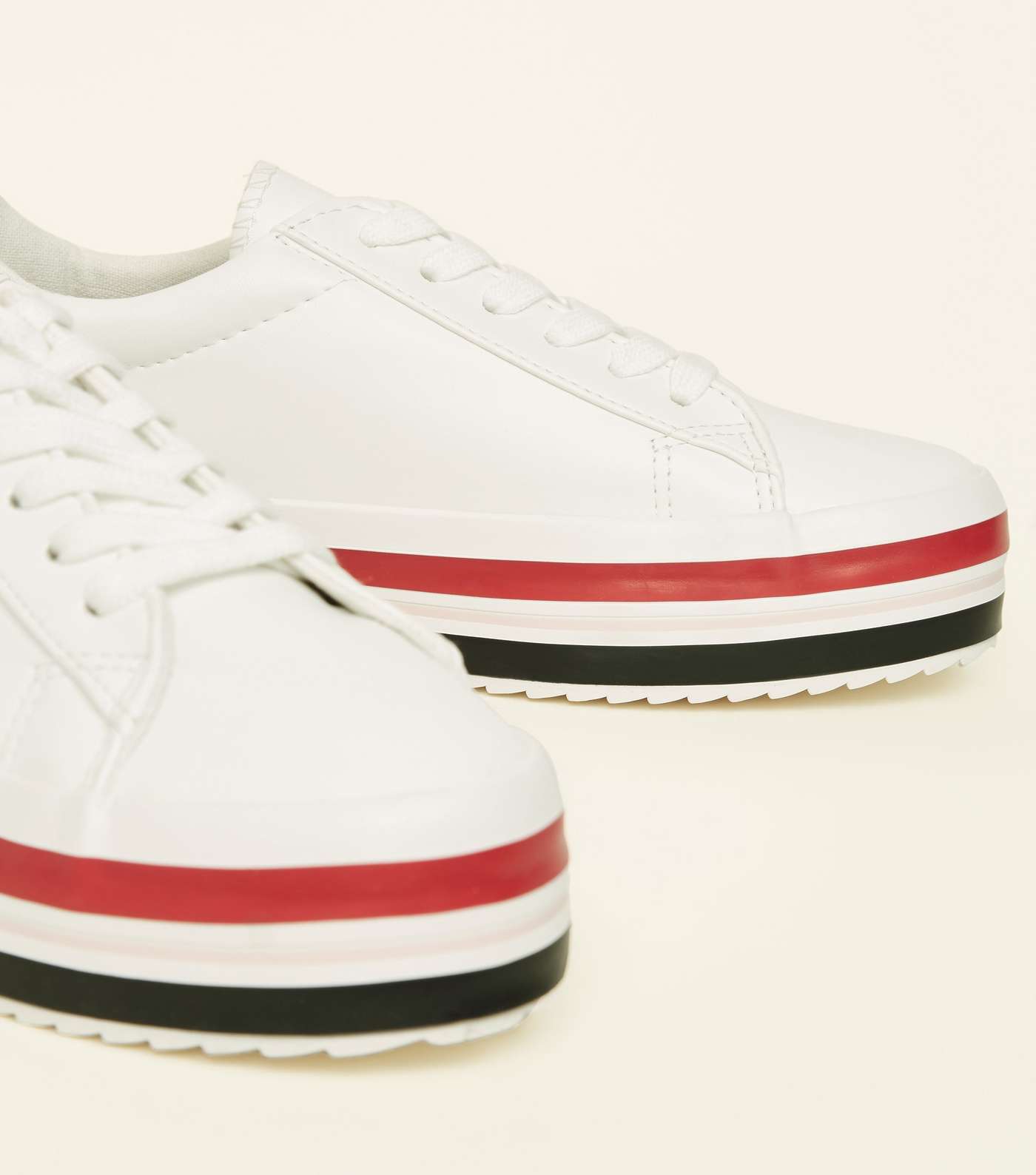 White Leather-Look Stripe Sole Flatform Trainers Image 3