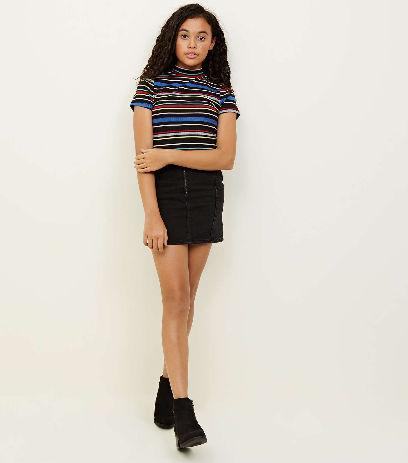 Girls Black Rainbow Stripe High Neck T-Shirt Image 2
