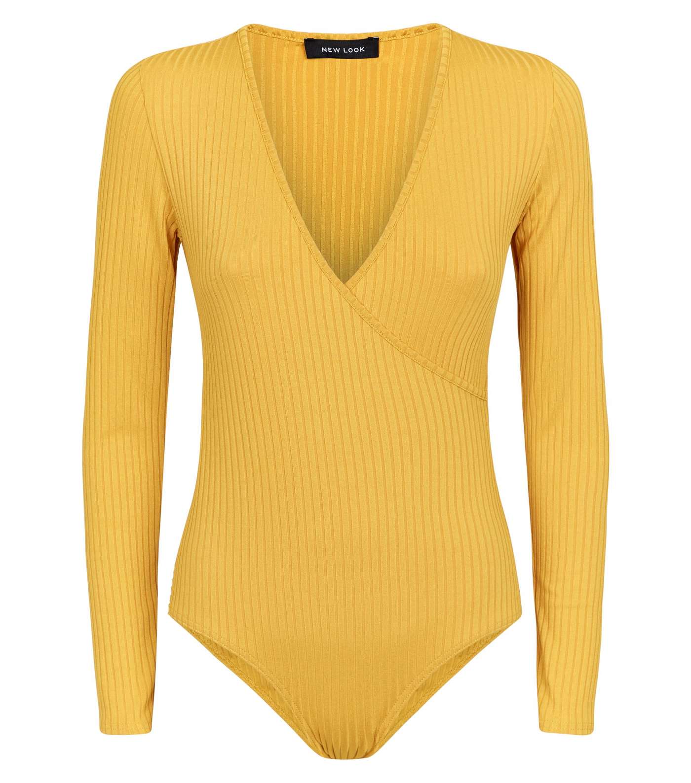Mustard Ribbed Long Sleeve Wrap Bodysuit Image 4