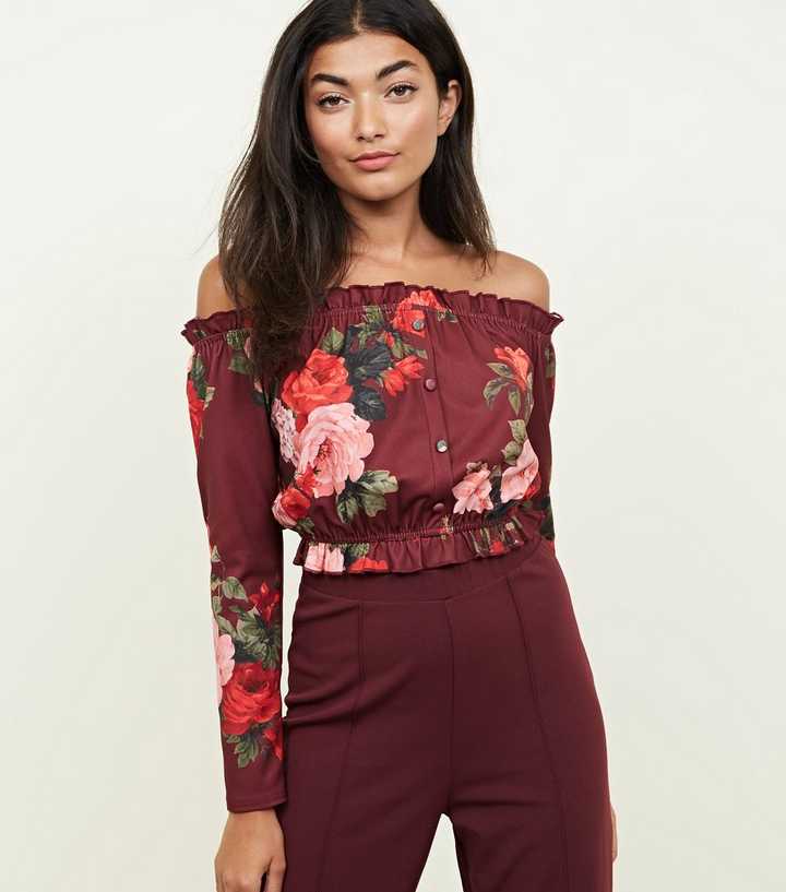 Red Floral Bardot Crop Top