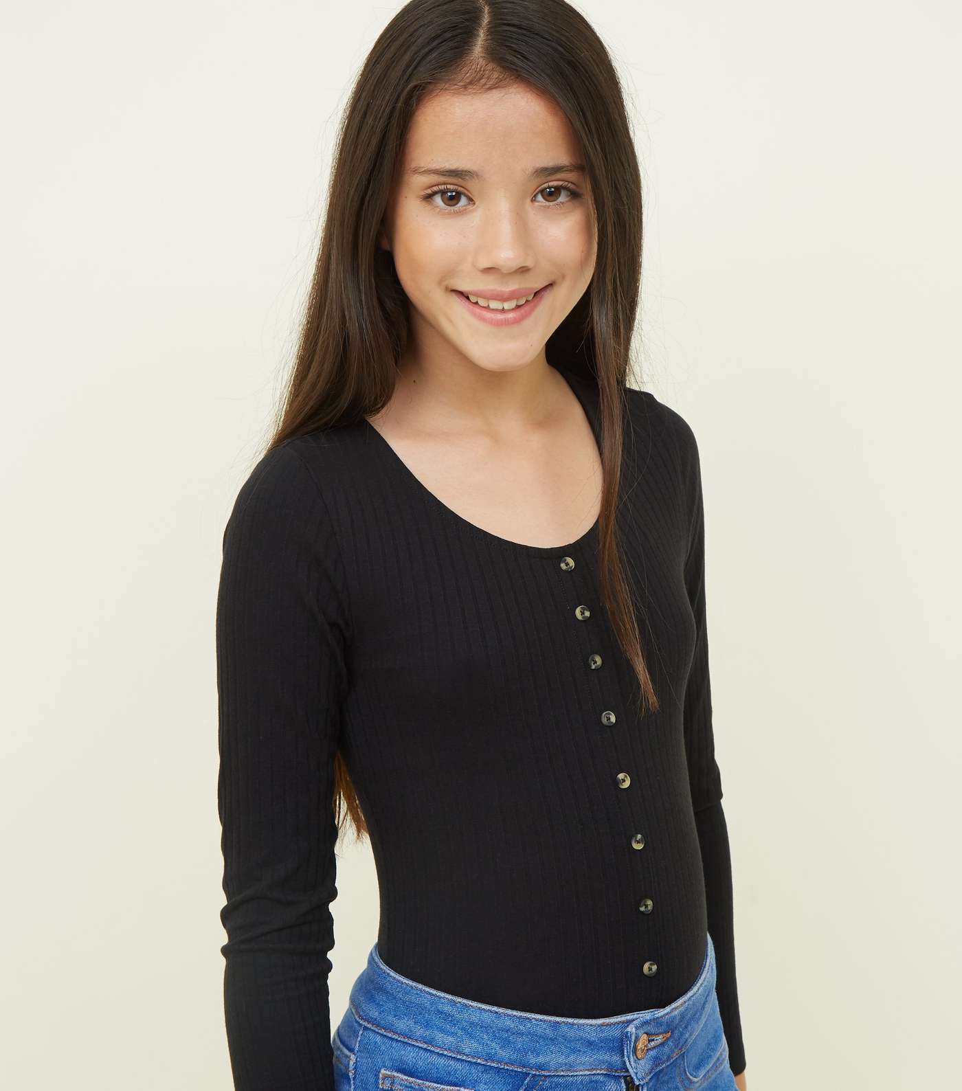 Girls Black Ribbed Button Front Long Sleeve Top