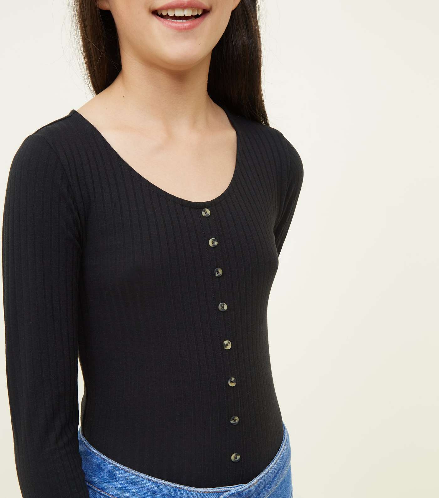 Girls Black Ribbed Button Front Long Sleeve Top Image 5
