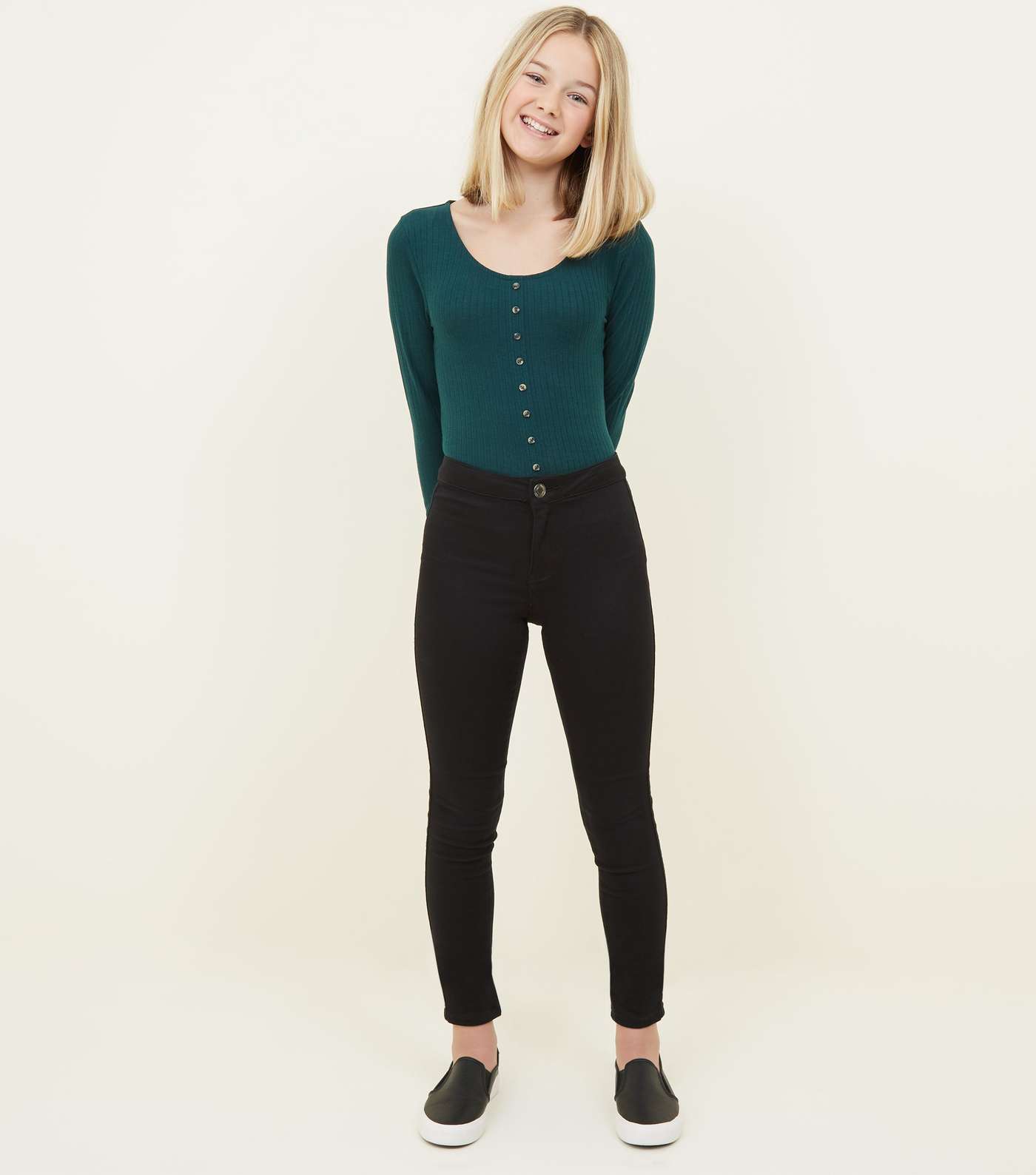 Girls Dark Green Ribbed Button Front Top  Image 2